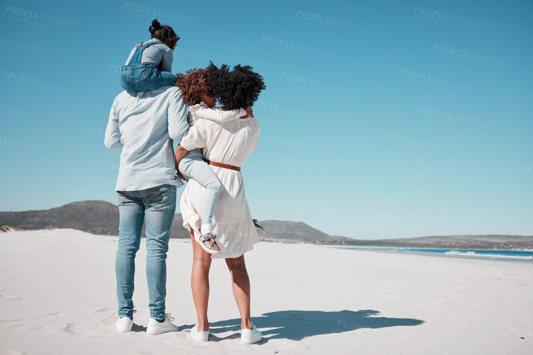 Buy stock photo Family, back view and piggyback at beach on vacation, bonding and care at seashore. Holiday relax, summer ocean and father, mother and kids, girls or children enjoying quality time together on mockup