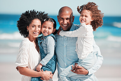 Buy stock photo Family, smile and portrait at beach on vacation, bonding and care at seashore outdoors. Holiday relax, summer ocean and happy father, mother and kids, girls or children enjoying quality time together