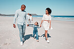 Love, beach and family holding hands while walking together on a summer vacation, adventure or weekend trip. Happy, activity and parents with their child by the ocean on a tropical holiday in Mexico.