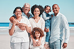 Smile, big family and portrait at beach on vacation, bonding and care at seashore. Holiday relax, summer ocean and happy father, mother and children, sad girl or grandparents enjoying time together.