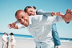 Portrait, family and airplane by father and girl at a beach, happy and excited for travel, day off or game on blue sky background. Face, piggyback and girl with parent at sea, play and bond in Mexico