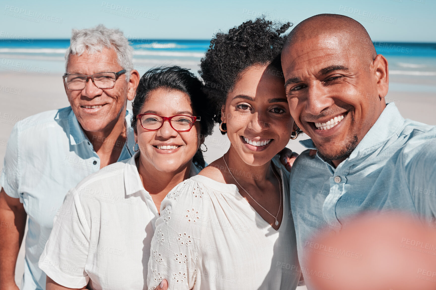 Buy stock photo Big family, smile and selfie portrait at beach on vacation, bonding and care at seashore. Holiday relax, summer ocean and couple with grandparents taking pictures for social media and happy memory.