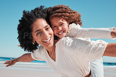 Buy stock photo Portrait, mother and girl at a beach for airplane, game and bonding, happy and excited for travel, playing or family summer on blue sky. Face, piggyback and mom with child at a sea in Mexico