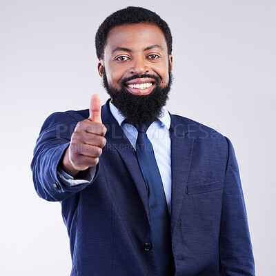 Buy stock photo Thumbs up, business portrait and happy black man in studio for yes review, thank you and trust. Corporate male, model and thumb gesture for support, like emoji and motivation of agreement, ok or vote