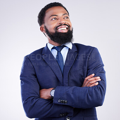 Buy stock photo Black man, business and thinking in studio, smile and inspiration for solution on background. Happy worker, arms crossed and daydream future, ideas and decision of choice, memory and planning mindset