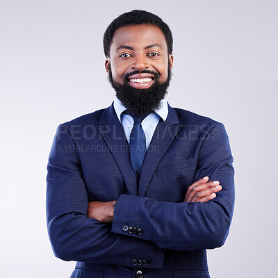 Buy stock photo Happy, arms crossed and portrait of black man in studio for professional, corporate and positive. Smile, confident and executive with employee isolated on grey background for pride, happiness and ceo