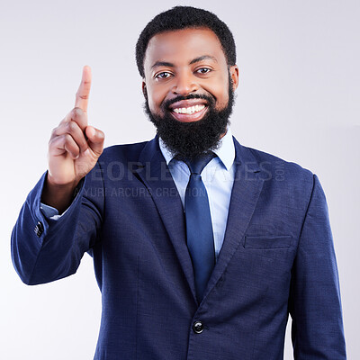 Buy stock photo Portrait, volunteer and a business black man in studio on a gray background with his finger raised. Question, management and one with a handsome african american male executive in a corporate suit 