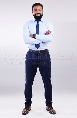 Buy stock photo Business, studio portrait and black man smile with arms crossed in leadership, pride and motivation on white background. Happy corporate manager and confidence of management, commitment or proud look