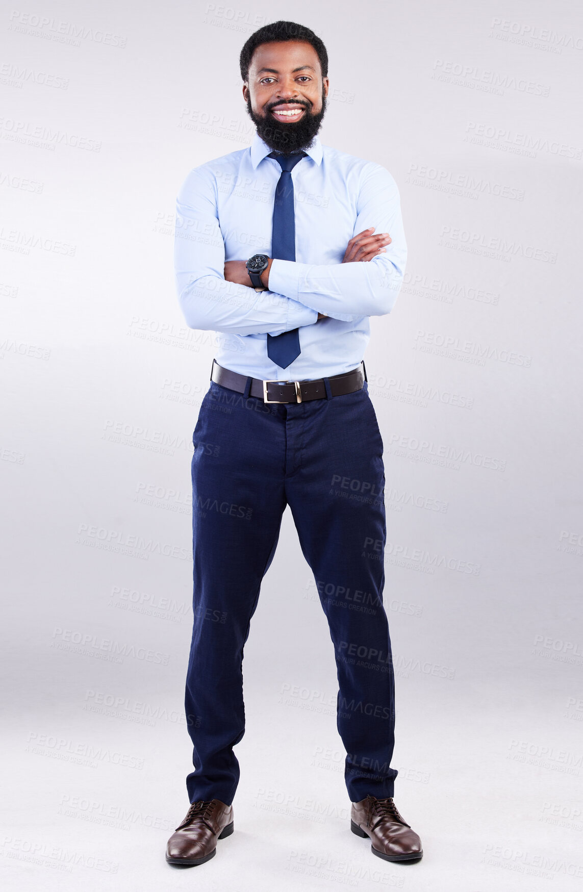 Buy stock photo Business, studio portrait and black man smile with arms crossed in leadership, pride and motivation on white background. Happy corporate manager and confidence of management, commitment or proud look