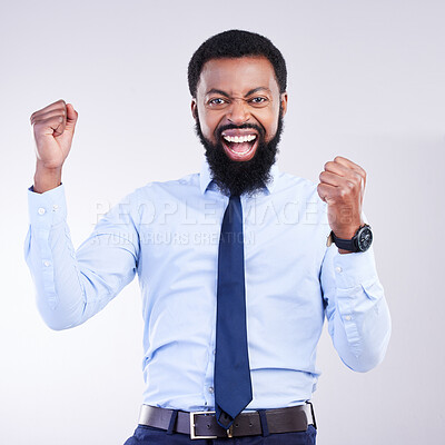 Buy stock photo Success, fist and black man portrait isolated on gray background in celebration for career opportunity, bonus or winning. Winner or business person celebrate corporate promotion or job news in studio