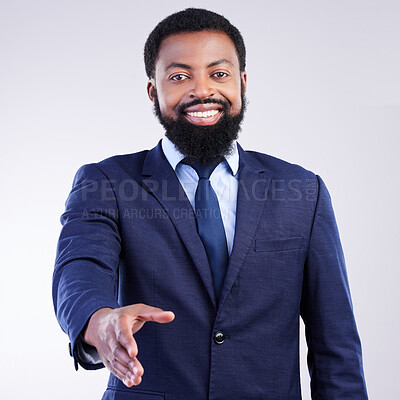 Buy stock photo Handshake, offer of black man portrait isolated on gray background welcome, thank you or client partnership pov. Corporate person shake hands for business congratulations, deal or studio introduction