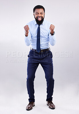 Buy stock photo Portrait, excited and black man cheering, success and happiness against a grey studio background. Face, African American male employee and happy ceo with joy, achievement and gesture for celebration