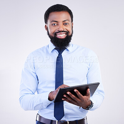 Buy stock photo Portrait, tablet and black man isolated on a gray background for stock market, trading and business financial software. Professional worker, person or entrepreneur on digital technology app in studio