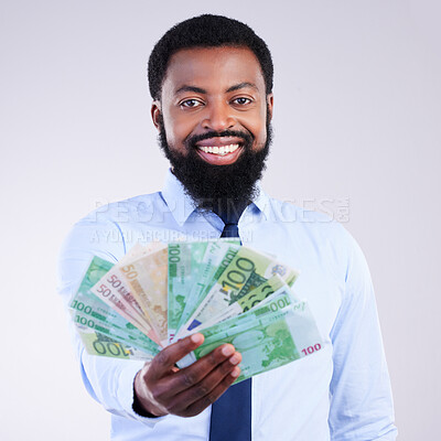 Buy stock photo Finance, money and portrait of black man in studio for winner, investment and wealthy. Success, payment and profit with male holding cash isolated on white background for cashback, salary and rich
