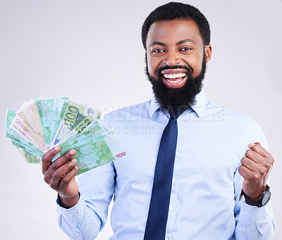 Buy stock photo Winner, money and portrait of black man in studio for lottery investment and wealthy. Success, payment and profit with male holding cash isolated on white background for cashback, salary and rich