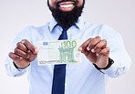 Winning money, hands or black man happy for lotto award, competition prize fund or cash dollar win. Salary, studio payment or winner of poker, bingo or casino gambling isolated on gray background
