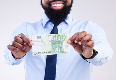 Buy stock photo Winning money, hands or black man happy for lotto award, competition prize fund or cash dollar win. Salary, studio payment or winner of poker, bingo or casino gambling isolated on gray background
