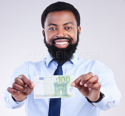 Buy stock photo Winning money, portrait or black man happy for lotto award, studio competition prize or cash dollar bills. Bank loan, salary payment or winner of bonus, profit or sales isolated on white background