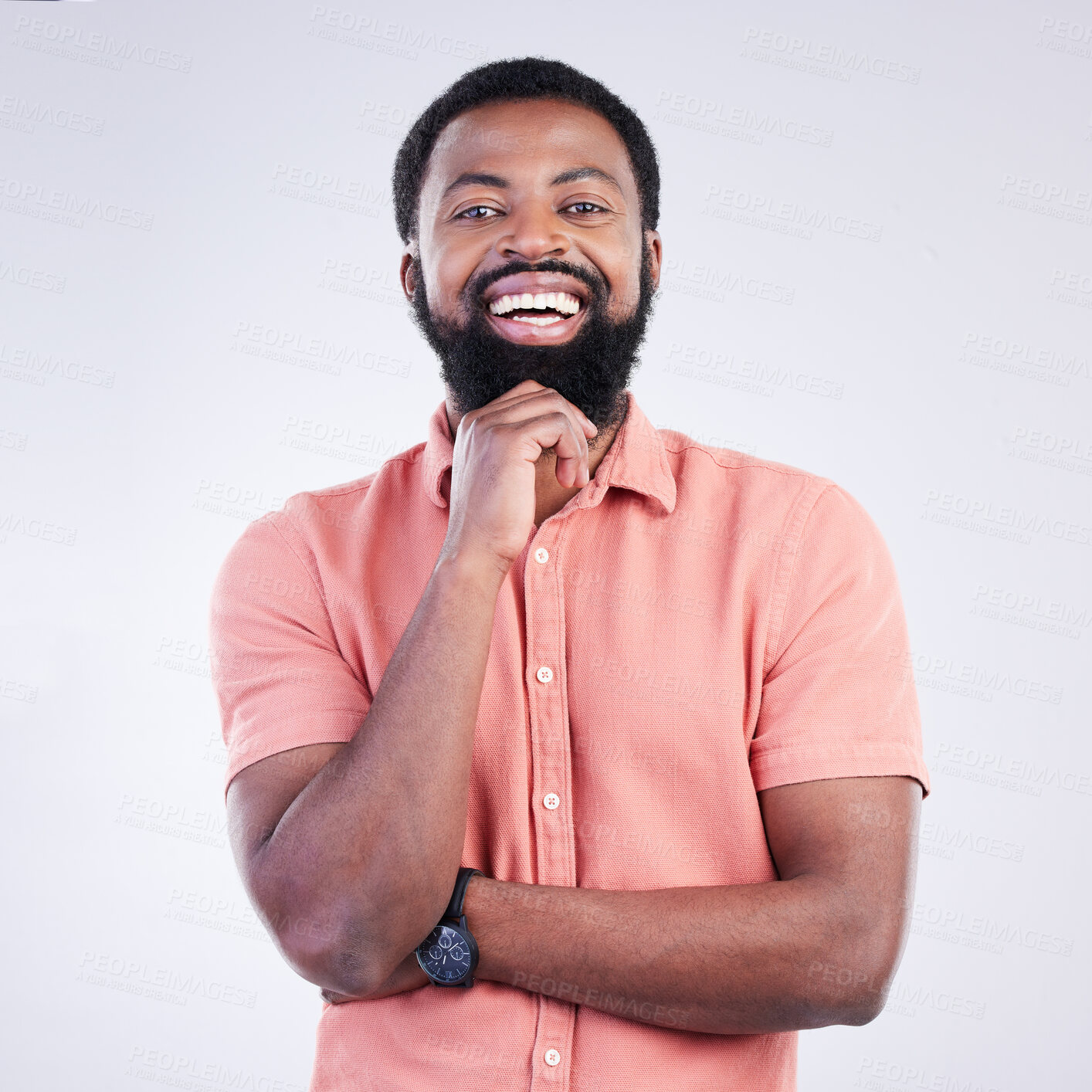 Buy stock photo Happy, smile and portrait of black man in studio for confidence, positive and laughing. Funny, carefree and happiness with male isolated on gray background for cheerful, achievement and pride