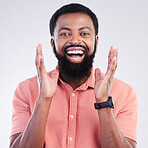 Happy, surprise and portrait of black man in studio for shocked, announcement and accomplishment. Smile, winner and achievement with male on gray background for celebration, omg and good news