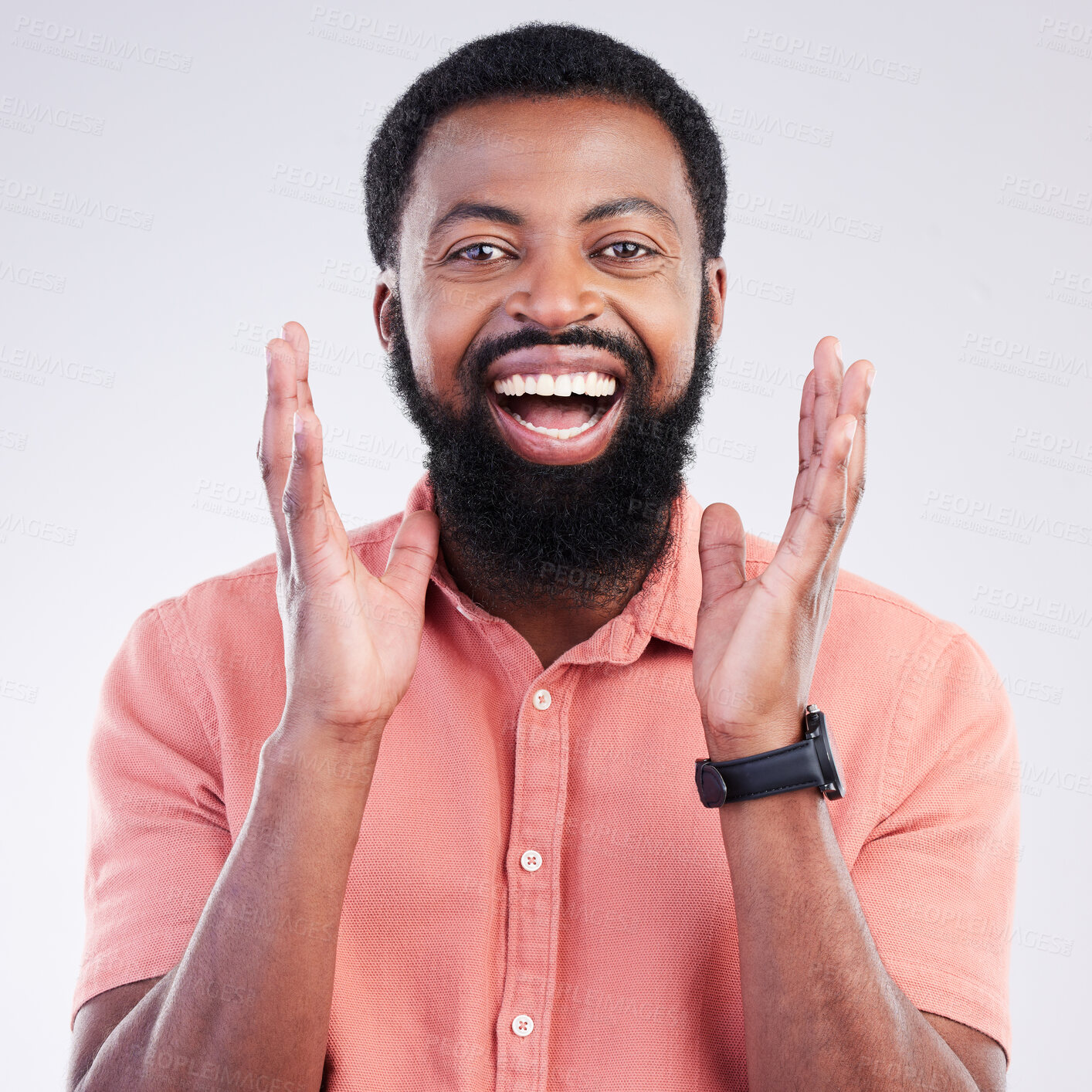 Buy stock photo Happy, surprise and portrait of black man in studio for shocked, announcement and accomplishment. Smile, winner and achievement with male on gray background for celebration, omg and good news
