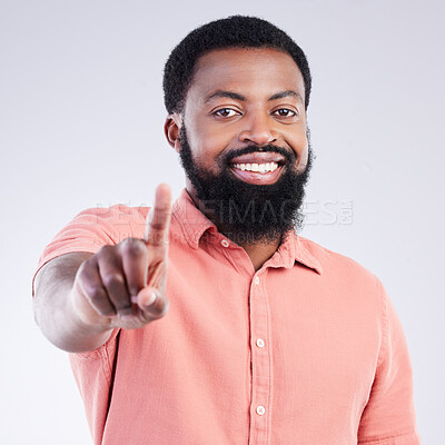 Buy stock photo Portrait, success and black man pointing to you, winner or motivation against white studio background. Face, African American male or guy with victory, happiness or winning with joy, space or inspire