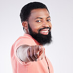 Point, smile and portrait of black man in studio with hand gesture for motivation, encouragement and selection. Happy, mockup and male on white background pointing for choice, advertising or decision