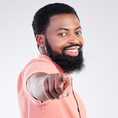 Buy stock photo Point, smile and portrait of black man in studio with hand gesture for motivation, encouragement and selection. Happy, mockup and male on white background pointing for choice, advertising or decision
