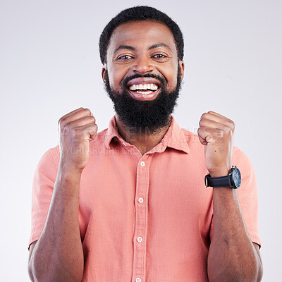 Buy stock photo Portrait, happy black man and fist of winner in studio of celebration, achievement deal or success. Excited male model celebrate winning news, lottery giveaway and smile of victory, motivation or yes