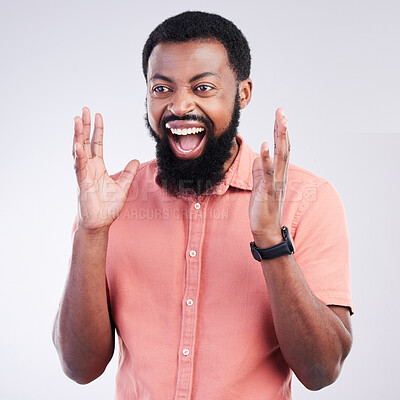 Buy stock photo Screaming, surprise and cheering with black man in studio for shocked, announcement and crazy. Excited, winner and achievement with male isolated on white background for celebration, omg or good news