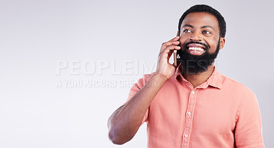 Buy stock photo Phone call communication, studio and black man happy on conversation, discussion or speaking to digital network contact. Networking, consulting and talking person isolated on mockup gray background