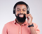 Portrait, call center and black man with headset, telemarketing and customer service against a studio background. Face, African American male employee and consultant with headphones and tech support