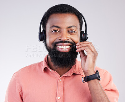 Buy stock photo Portrait, call center and black man with headset, telemarketing and customer service against a studio background. Face, African American male employee and consultant with headphones and tech support
