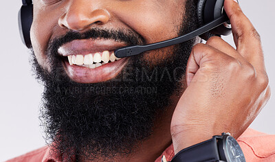Buy stock photo Closeup, consultant and black man with headset, telemarketing and explain process against a studio background. Zoom, male employee and happy agent with headphones, customer service and tech support