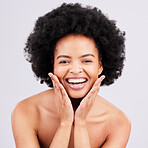 Hands, skincare and portrait of black woman in studio with natural, hair and cosmetics on grey background. Soft, portrait and girl model relax with haircare, body care or dermatology satisfaction 