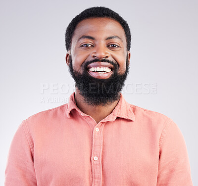 Buy stock photo Happy, confident and portrait of black man in studio for smile, positive and laughing. Funny, carefree and happiness with male isolated on gray background for cheerful, achievement and pride