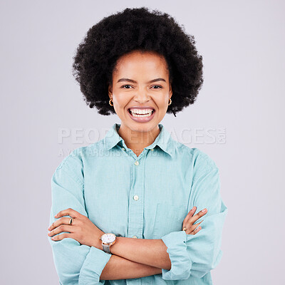 Buy stock photo Happy, arms crossed and portrait of black woman in studio for confidence, positive and empowerment. Happiness, funny and elegant with female isolated on white background for young, excited and pride