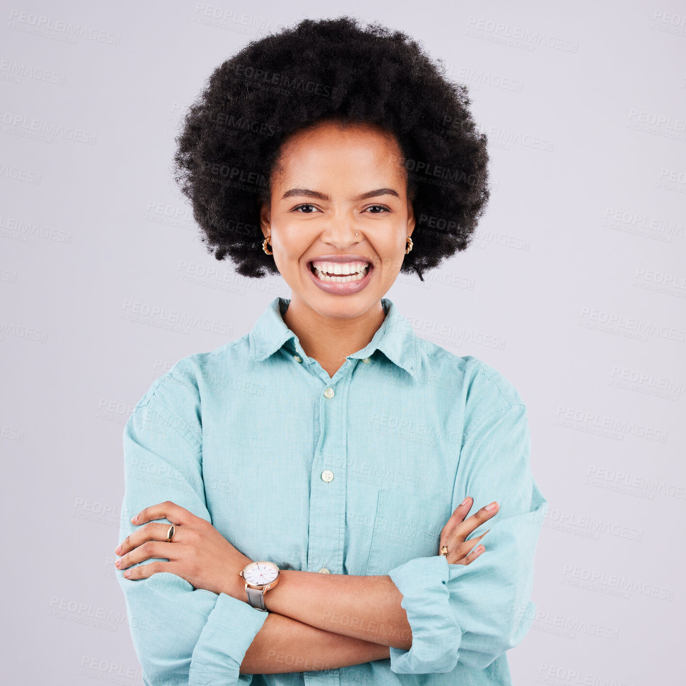 Buy stock photo Happy, arms crossed and portrait of black woman in studio for confidence, positive and empowerment. Happiness, funny and elegant with female isolated on white background for young, excited and pride