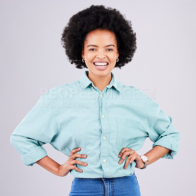 Buy stock photo Happy, smile and portrait of black woman in studio for confidence, positive and empowerment. Happiness, laugh and elegant with face of female isolated on white background for young, excited and pride