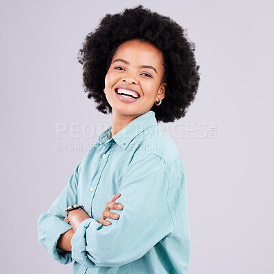 Buy stock photo Arms crossed, laugh and portrait of black woman in studio for confidence, positive and empowerment. Happiness, smile and elegant with female isolated on white background for young, excited and pride