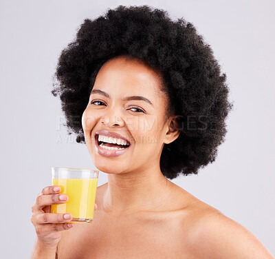 Buy stock photo Orange juice, studio portrait and happy black woman with drink glass for hydration, liquid detox or weight loss beverage. Vitamin C benefits, female or person isolated on white background