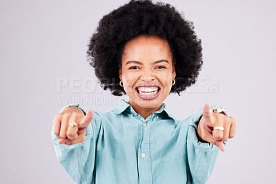Buy stock photo Happy, pointing and portrait of black woman in studio for yes, opportunity and decision. Yes, smile and deal with female and gesture isolated on gray background for agreement, thank you and choice