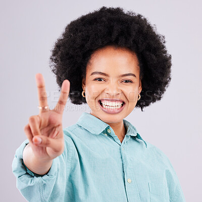 Buy stock photo Smile, peace sign and portrait of black woman in studio for positive, agreement and support. Confidence, happy and emoji with female isolated on white background for friendly, cheerful and carefree