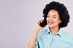 Happy phone call, studio and black woman communication  on conversation, discussion or speaking to digital network contact. Networking, consulting or talking person isolated on mockup gray background