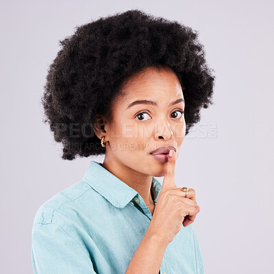 Buy stock photo Portrait, secret and black woman with finger on lip, silence and girl against a studio white background. Face, African American female and lady with gesture on mouth for quiet, whisper and gossip