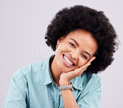 Buy stock photo Beauty face, happy portrait and afro black woman with studio makeup, luxury cosmetics or facial skincare glow. Natural dermatology health, spa salon and aesthetic person isolated on grey background