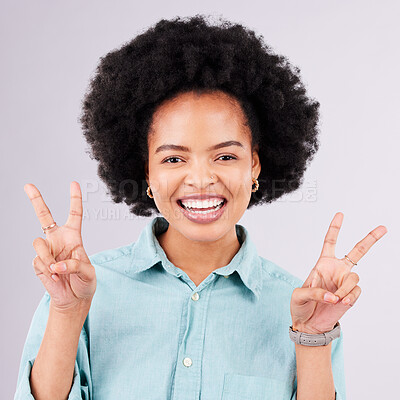 Buy stock photo Happy, peace sign and portrait of black woman in studio for positive, agreement and support. Confidence, smile and emoji with female isolated on gray background for friendly, cheerful and carefree