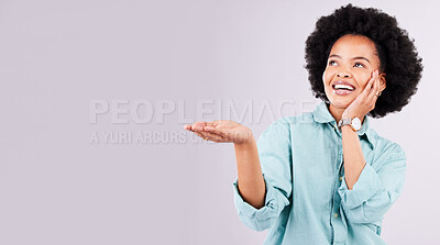 Buy stock photo Mockup, product placement and black woman with hands in studio for advertising, marketing and branding. Happy, smile and isolated girl with gesture on white background for show, choice and promotion