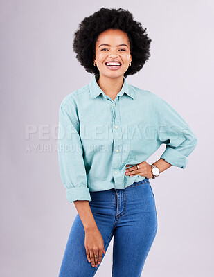 Buy stock photo Happy, smile and portrait of black woman in studio for confidence, positive and empowerment. Happiness, funny and elegant with face of female isolated on gray background for young, excited and pride