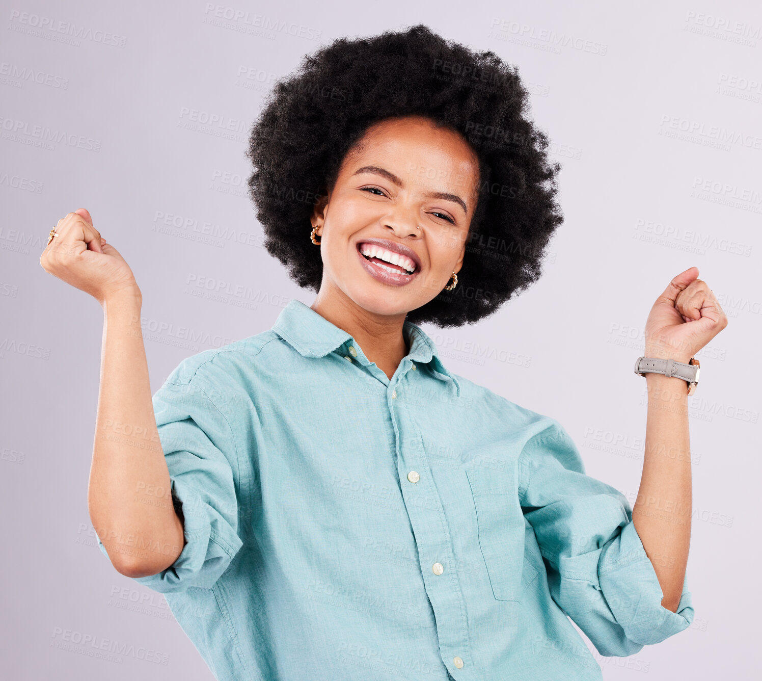 Buy stock photo Happy, smile and portrait of black woman in studio for celebration, surprise and confidence. Winner, happiness and good news with female isolated on gray background for cheerful, yes and excited